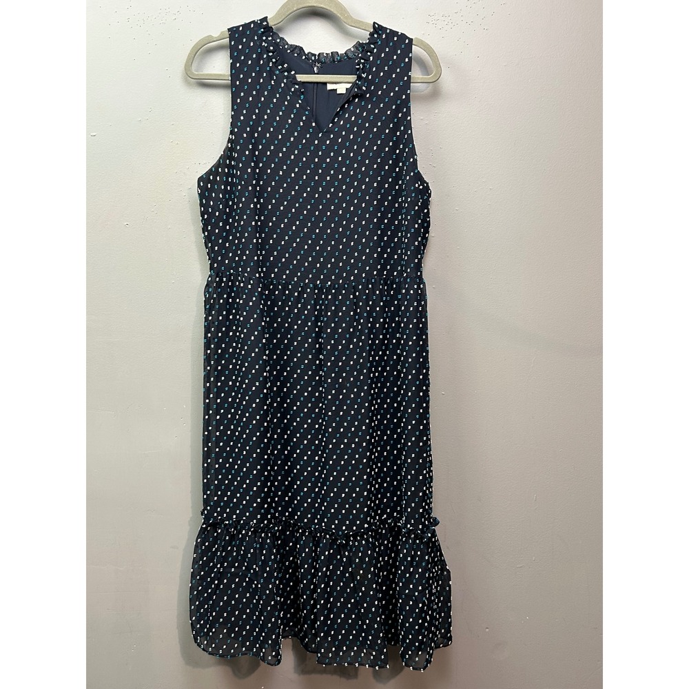 LOFT Outlet Dress Womens 12 Navy Blue Clip Dot Ruffle Tiered Midi Sleeveless